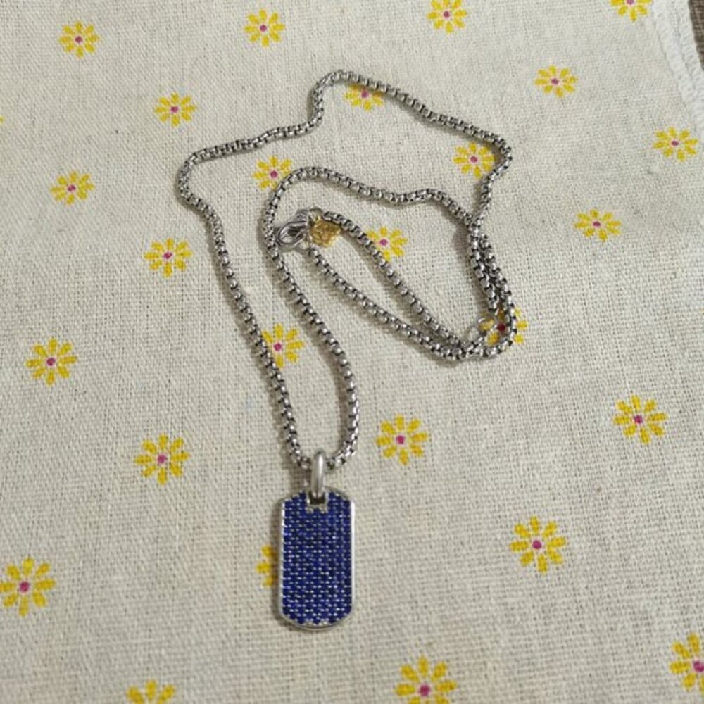 David Yurman Sterling Silver Streamline Dog Tag With Blue Sapphires